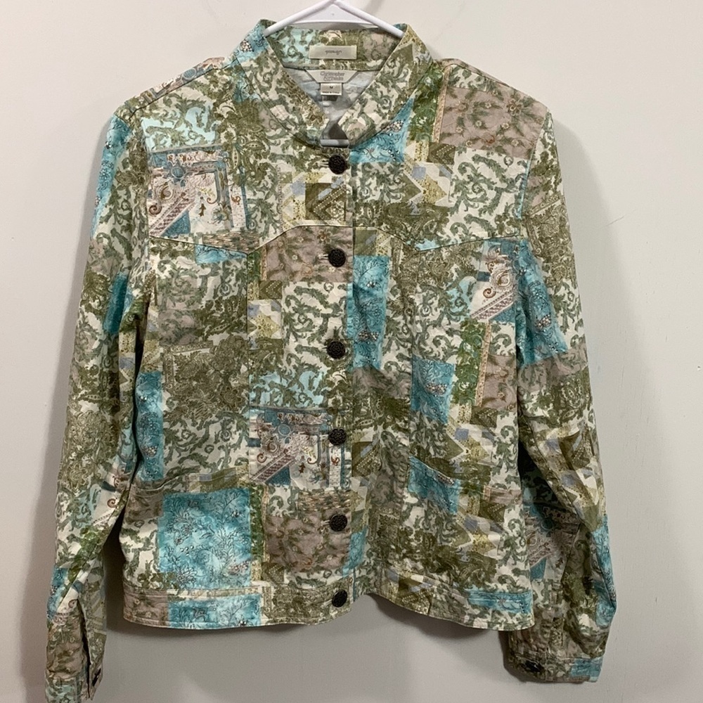 Christopher & Banks light button up jacket size Medium slight stretch hood cond